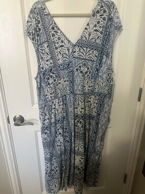 Women's Blue and White V-Neck Patterned Dress from old navy
